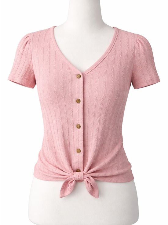 Original Weatherproof Vintage Tops - Weatherproof Vintage Pink Textured Knit Top M Button Front Cottagecore  Tee